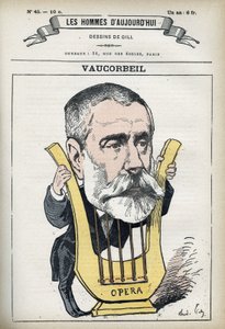 Auguste Emmanuel Vaucorbeilin (1821-1884), ranskalaisen säveltäjän ja Pariisin oopperan johtajan muotokuva. Sarjakuva Gill, Paris. tekijältä Andre Gill
