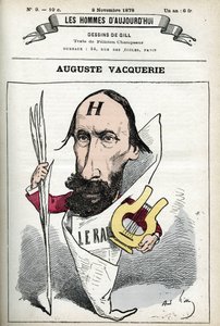 Auguste Vacquerie (1819-1895), ranskalaisen runoilijan, näytelmäkirjailijan ja toimittajan muotokuva. Sarjakuva Gill, Paris. tekijältä Andre Gill