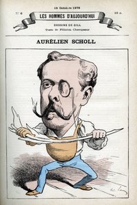 Muotokuva Aurelien Schollista (1833-1902), ranskalaisesta toimittajasta, kirjailijasta ja koomikosta. Sarjakuva Gill, Paris. tekijältä Andre Gill