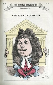 Constant Coquelinin (1841-1909), ranskalaisen teatterinäyttelijän muotokuva. Karikatyyri Gill, Paris. tekijältä Andre Gill