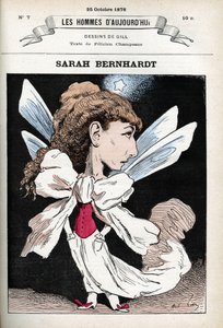 Muotokuva Henriette Rosine Bernardista Sarah Bernhardtista (1844-1923), ranskalaisesta teatterinäyttelijästä. Sarjakuva Gill, Paris. tekijältä Andre Gill