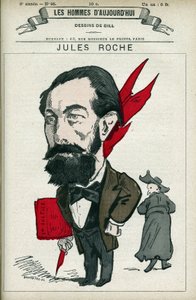 Muotokuva Jules Rochesta (1841-1923), ranskalainen poliitikko, hän oli vara- ja kauppa- ja teollisuusministeri 1890-1892. Piirroskuva Gill, Pariisi. tekijältä Andre Gill