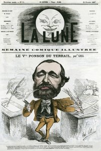 Viconte Ponson du Terrailin (1829-1871), ranskalaisen suositun kirjailijan, romaani-saippuaoopperan kirjoittajan muotokuva. Gillin sarjakuva elokuvassa "The Moon", 24. helmikuuta tekijältä Andre Gill