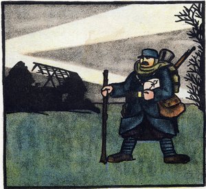 Ensimmäinen maailmansota 1914-1918 (14-18): Karvainen. Ranskalaisen armeijan sotilaan muotokuva sotilaspuvussa, jolla on reppu, laukku ja kivääri. Kaiverrus "Suuren sodan aakkoset 1914-1916 (sotilaidemme lapsille)". Editions Berger-Levrault tekijältä Andre Helle