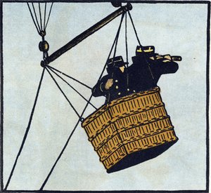 Ensimmäinen maailmansota 1914-1918 (14-18): Ranskan armeijan tarkkailijat (tarkkailupiste), jotka yrittävät havaita vihollisen vangittuna ilmapallossa. Kaiverrus teoksessa "Suuren sodan aakkoset 1914-1916 (sotilaidemme lapsille)". Editions Berger-Levrault tekijältä Andre Helle
