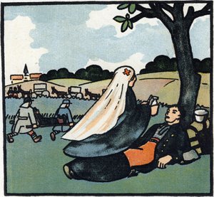 Ensimmäinen maailmansota 1914-1918 (14-18): Punaisen Ristin sairaanhoitaja, joka tulee hoitamaan sotilaita taistelukentille asti. Kaiverrus teoksessa "Suuren sodan aakkoset 1914-1916 (sotilaidemme lapsille)". Editions Berger-Levrault tekijältä Andre Helle