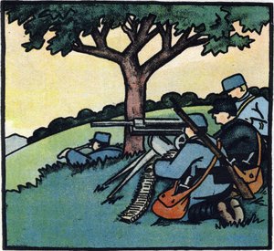 Ensimmäinen maailmansota 1914-1918 (14-18): Ranskan armeijan sotilaat käyttävät konekiväärejä taistelukentillä. Kaiverrus teoksessa "Suuren sodan aakkoset 1914-1916 (sotilaidemme lapsille)". Editions Berger-Levrault tekijältä Andre Helle