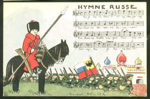 Postikortti, satiirinen väreissä: Hymni - sota 14-18, Venäjä, laulaa - sotilaat Kuvitus: Andre Helle (1875-1945). tekijältä Andre Helle