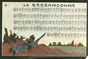 Satiirinen postikortti, noin 1915: Helle (1875-1945): La brabanconne - sota 14-18, Belgia, Chant - sotilaat Kuvitus: Andre Helle (1875-1945) tekijältä Andre Helle