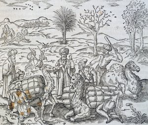 Arabikauppiaat Syyriassa, kaiverrus Universal Cosmologysta, Andre Thevet (1504-1592)