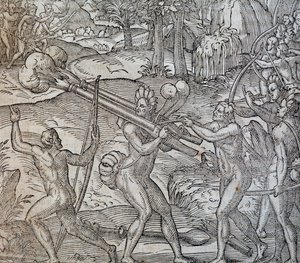 Taistelu alkuperäiskansojen välillä Kanadassa, kaiverrus Cosmographie Universellestä, Andre Thevet, Pariisi 1575 tekijältä Andre Thevet