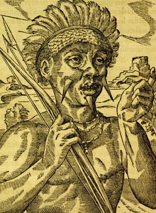 Kannibaaliheimon päällikkö, kaiverrus Universal Cosmologysta, Andre Thevet (1504-1592), Paris tekijältä Andre Thevet