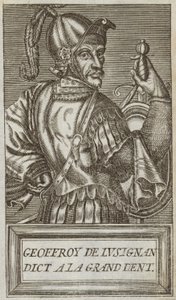 Geoffrey of Lusignan, Jaffan ja Ascalonin kreivi, Vouvantin ja Montcontourin ja Soubisen Merventin lordi, kuvitus teoksesta "Kuvallisten miesten muotokuvat ja elämä", 1584