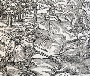 Intiaanien villisianmetsästys, kaiverrus Universal Cosmologysta, Andre Thevet (1504-1592), Pariisi tekijältä Andre Thevet