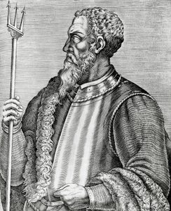 Andrea Dorian (1466-1560), italialaisen amiraalin ja poliitikon muotokuva, kaiverrus teoksesta The Real Portraits and Lives of Illustrious Men tekijältä Andre Thevet