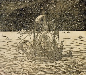 Merimiehet pohjoista reittiä seuraamassa, kaiverrus Universal Cosmologysta, Andre Thevet (1504-1592), Pariisi tekijältä Andre Thevet