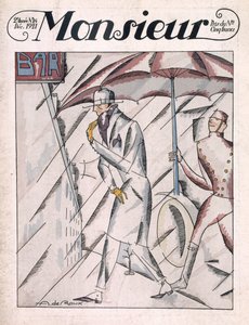 Mies sadetakissa, "Monsieur"-lehden etukansi, numero 24, pubi. Joulukuu 1921 (pochoor print) tekijältä Andre de Roux