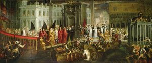 Dogaressa Morosina Morosini Grimanin saapuminen Ducal Palaceen Venetsiaan, n. 1600 (öljy kankaalle)