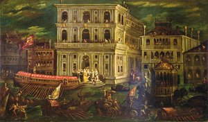 Dogaressa Morosina Morosini Grimanin maihinnousu 4. toukokuuta 1597, Venetsia, n. 1600 (öljy kankaalle)