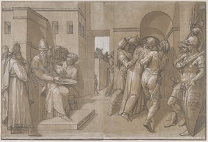 Kristus johdatetaan pois, sotilaat seisovat arkin oikealla puolella, 1585. tekijältä Andrea Andreani