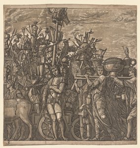 Julius Caesarin voitto: Sotilaat marssivat sodan pokaalien kanssa, 1593-1599. tekijältä Andrea Andreani