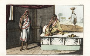 Diferentes tipos de sari e roupas usadas pelas mulheres indianas. Mulher distinta em sari e véu sentada no sofá, e mulher de nível inferior em sari curto. Placa de cobre colorida à mão desenhada e gravada por Andrea Bernieri após Francois Solvyns de Giulio tekijältä Andrea Bernieri