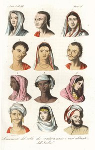 Muotokuvia eri intialaisista kasteista: brahminit 1,2, kshatriyat tai khatrit, punjabi-kauppakastit 3,4, vaisyat 5,6, sudrat 7,8, ylä-intian hindut 9,10 ja mogolit 11,12. Andrea Bernierin käsinvärinen kuparikaiverrus François Solvynsin mukaan tekijältä Andrea Bernieri
