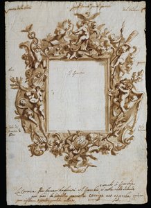 Ortogonaalinen piirros allegoriseen kehykseen, n. 1700, Andrea Brustolon (1662-1732), akvarellikynä valkoiselle paperille, Italia tekijältä Andrea Brustolon