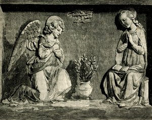 Ilmoitus, Andrea Della Robbia (1435-1525 tai 1528), Madonna del Buon Consiglion oratorio, Prato, Toscana, Italia, puupiirros Le cento citta d