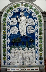 Andrea della Robbian (1435-1525) Jeesuksen taivaaseen taivaaseen nouseminen Neitsyt Marian ja 11 Apolin kanssa Matala keraaminen kohokuva, Andrea della Robbia (1435-1525) noin 1490 Dim. 475 x 305 cm Santuario della Verna, Italia