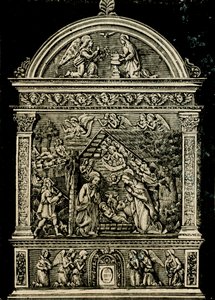 Seimi, Andrea della Robbian terrakottaalttaritaulu, Saint Claren kirkosta, Sansepolcron kaupunginmuseo, Toscana, Italia, puupiirros Le cento citta d
