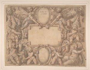 Cartouche ja kaksi kilpeä allegoristen hahmojen ympäröimänä., 1570-1631. tekijältä Andrea Lilli