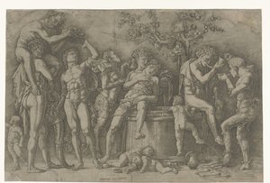 Bacchanal satyyrien ja bacchantien kanssa viinipuristimessa tekijältä Andrea Mantegna