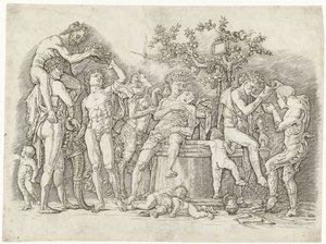 Bacchanal satyrien ja bacchantes kanssa viinikuurnassa tekijältä Andrea Mantegna