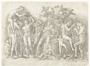 Bacchanal satyrien ja bacchantes kanssa viinikuurnassa tekijältä Andrea Mantegna