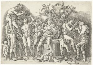 Bacchanal satyrien ja bacchantes kanssa viinikuurnassa tekijältä Andrea Mantegna