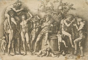 Bacchanal viinialtaalla, n. 1470-90 (kaiverrus ja kuivakärki) tekijältä Andrea Mantegna