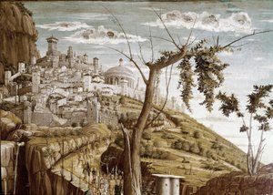 Kristus rukoilee oliivipuutarhassa, predellin vasen osa, San Zenon alttaritaulu (tempera puulla, n. 1457-1460) tekijältä Andrea Mantegna