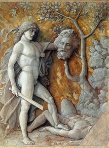 David pitelee Goljatin päätä Andrea Mantegnan (1431-1506) maalaus 1490 su. 36x48,5 cm Wien, Kunsthistorisches Museum tekijältä Andrea Mantegna