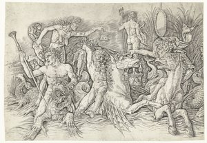Taistelu hippokampuksella ratsastavien satyyrien ja lohikäärmeen selässä seisovan vanhan naisen välillä Merijumalien taistelu tekijältä Andrea Mantegna
