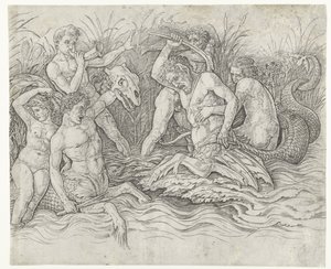 Taistele tritonien välillä nereidien selässään Merijumalien taistelu tekijältä Andrea Mantegna