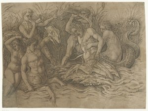 Taistele tritonien välillä nereidien selässään Merijumalien taistelu tekijältä Andrea Mantegna