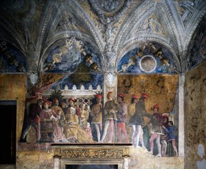 Ludovico Gonzaga, Marsilio Andreasi, Barbara Brandenburgista tyttärensä Paulan ja Rodolfo Gonzagan kanssa tekijältä Andrea Mantegna