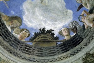 Mantovan herttuan palatsi, Italia (Camera degli Sposi, Palazzo Ducale, Mantova) puolisoiden talon katon okculus: allegoristen hahmojen ja putin yksityiskohta. Fresko Andrea Mantegna (1431-1506) tekijältä Andrea Mantegna