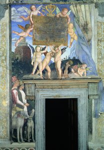 Putti perhosen siivillä kannattelemassa omistuslaattaa, jonka alapuolella on metsästyskoiria ja niiden ohjaajia, Camera degli Sposi tai Camera Picta, 1465-74, fresko, kuva 78449, yksityiskohta tekijältä Andrea Mantegna