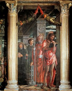 Pyhät Johannes ja Lorenzo ja kaksi pyhää, yksityiskohta San Zenon alttarista tekijältä Andrea Mantegna