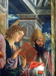 San Zenon alttari. Yksityiskohta vasemmasta reunasta. 1457-1460. Kuvassa Johannes evankelista ja Zenon Veronalainen tekijältä Andrea Mantegna