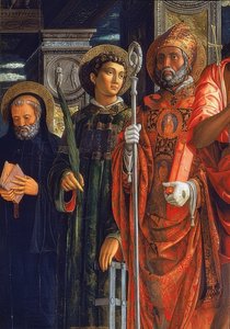 San Zenon alttari. Yksityiskohta oikealta puolelta. 1457-1460. Yksityiskohdassa on Augustinus Hippolainen, Rooman Lawrence ja Benedictus Nursialainen tekijältä Andrea Mantegna