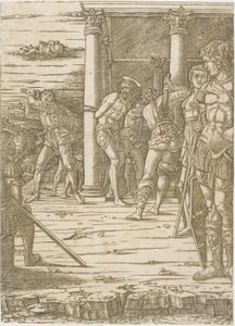 Kristuksen liputus maisema taustalla tekijältä Andrea Mantegna