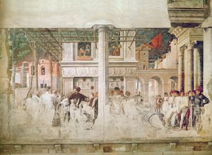 Pyhän Kristoferin marttyyrikuolema ja hänen ruumiinsa siirtäminen (ennen ennallistamista), n. 1450-56 tekijältä Andrea Mantegna